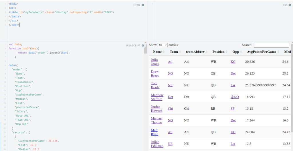 Example of datatables on jsfiddle